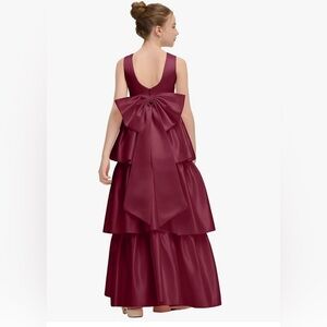 Satin Flower Girl Dress Tiered Formal Long Dresses A-Line V-Back Bow-Knot